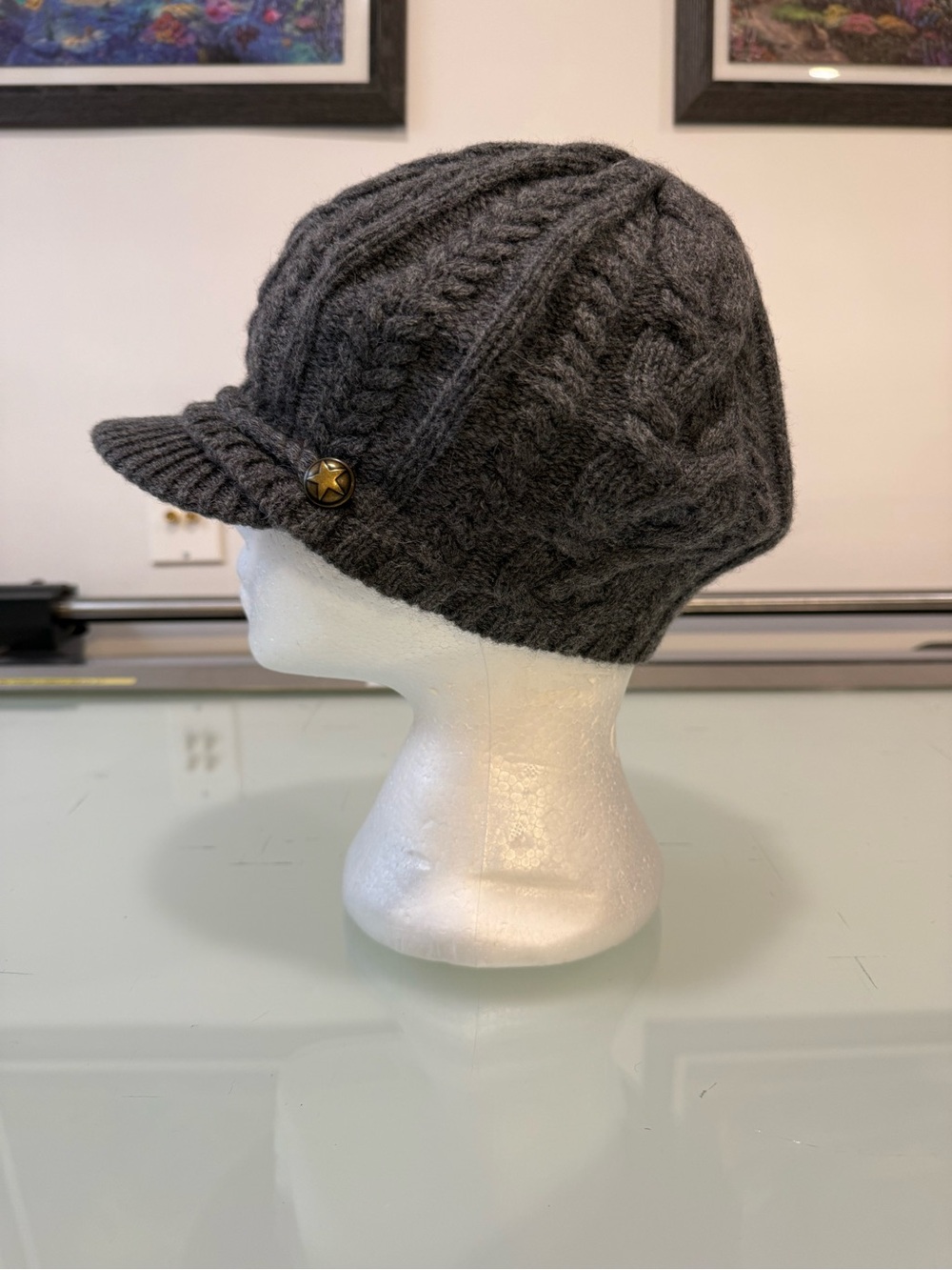 Lauren Ralph Lauren 100% Wool Cable Knit Visor Beanie Newsboy Cap Dark Grey - Picture 4 of 10